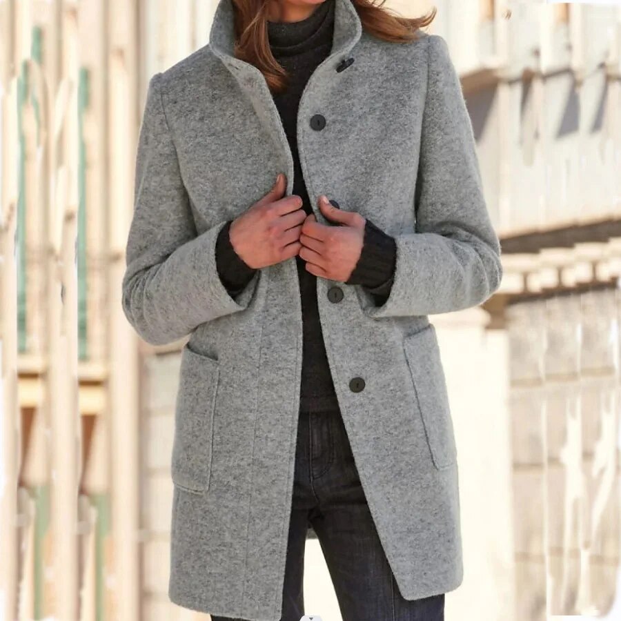 Women's Elegant Wool Blend Coat with Button Closure