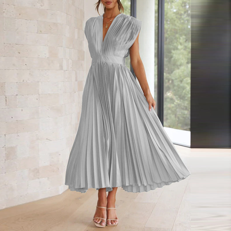 Women's Pleated Midi Dress with V-Neck and Adjustable Back Tie