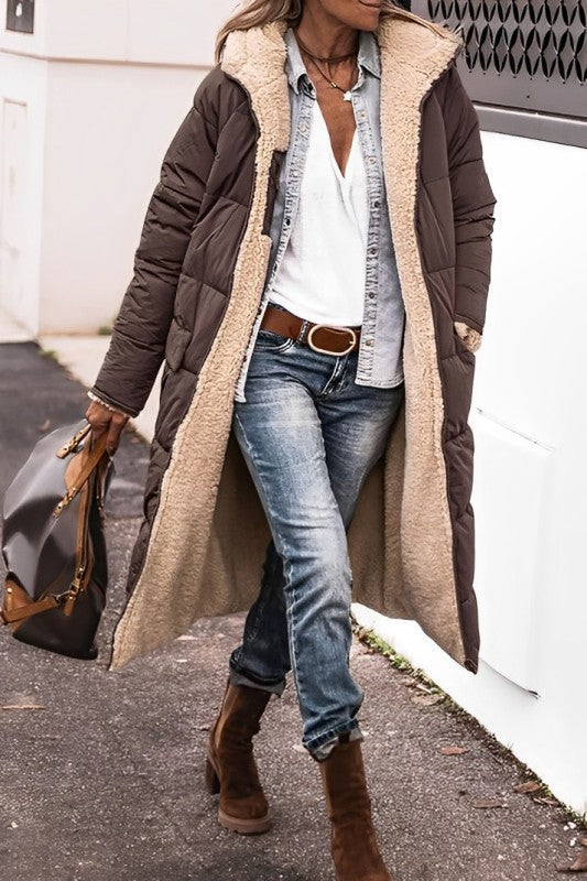 Women's Long Reversible Winter Coat with Hood and Teddy Lining