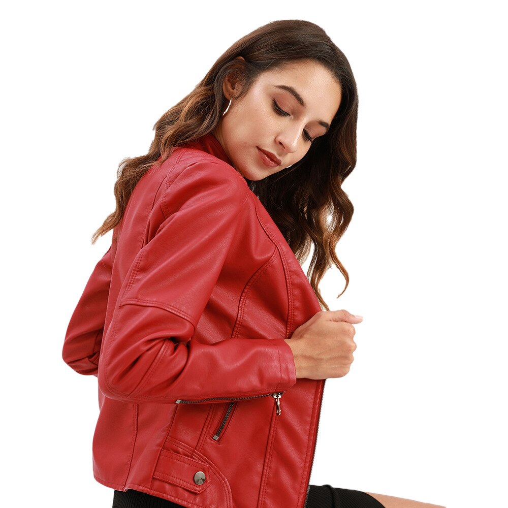 Women's Faux Leather Jacket with Mandarin Collar and Lining