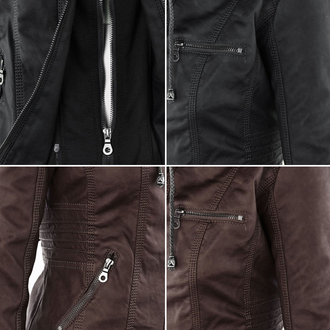Women's Faux Leather Jacket with Drawstring Hood and Zip