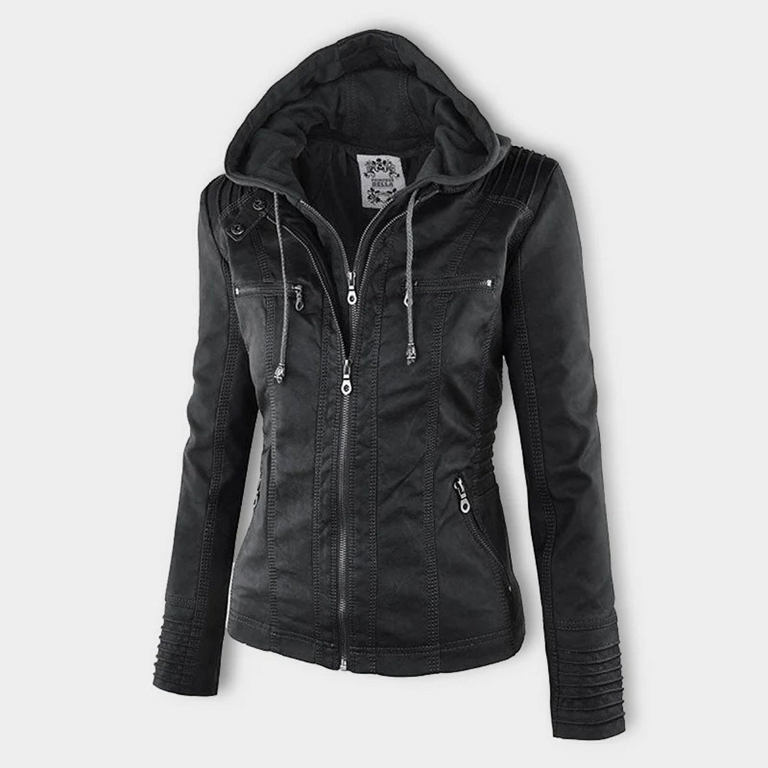 Women's Faux Leather Jacket with Drawstring Hood and Zip