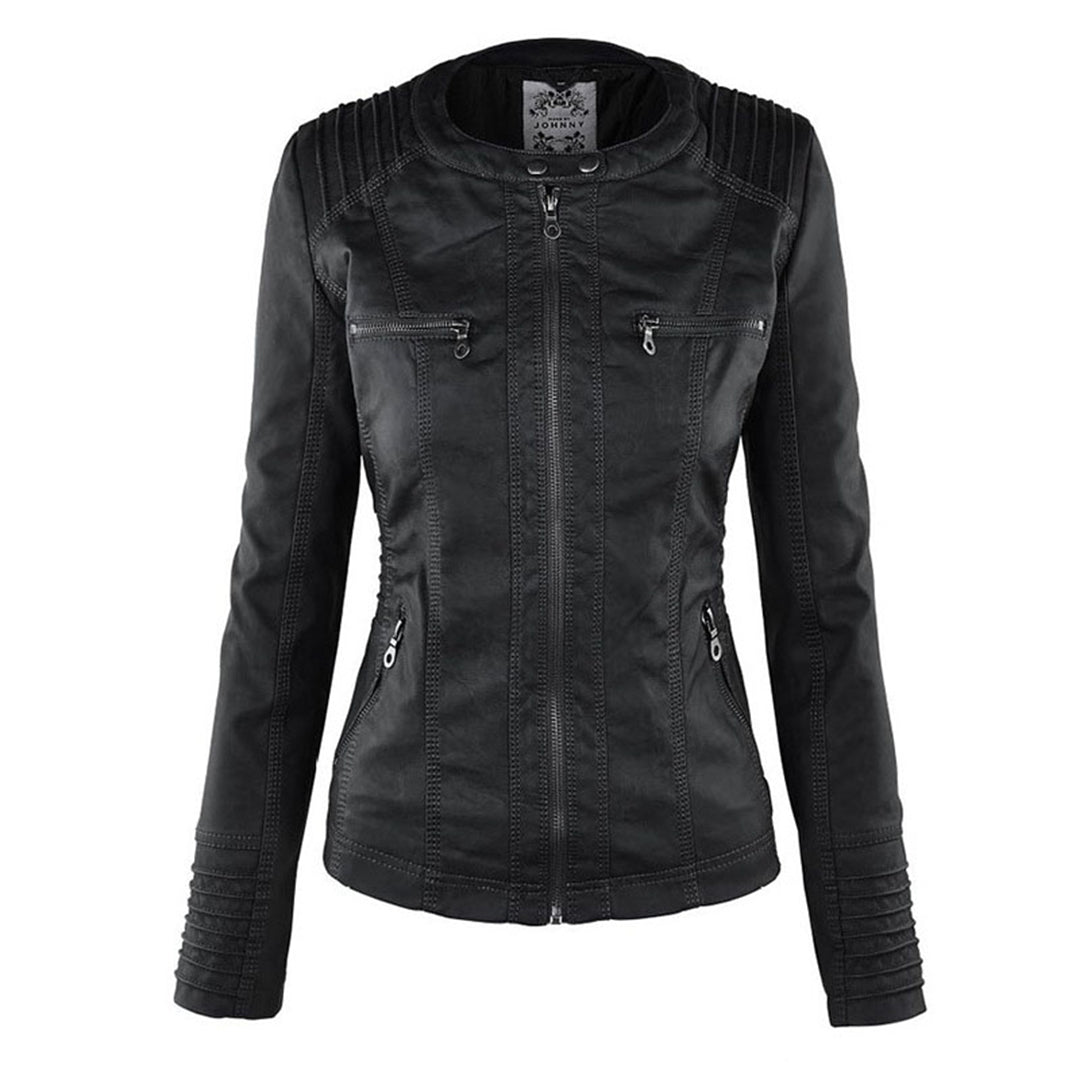 Women's Faux Leather Jacket with Drawstring Hood and Zip
