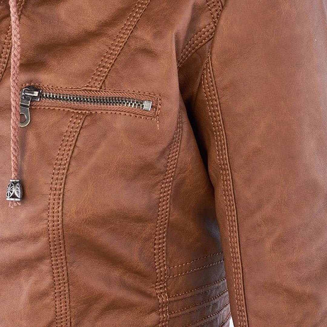 Women's Faux Leather Jacket with Drawstring Hood and Zip