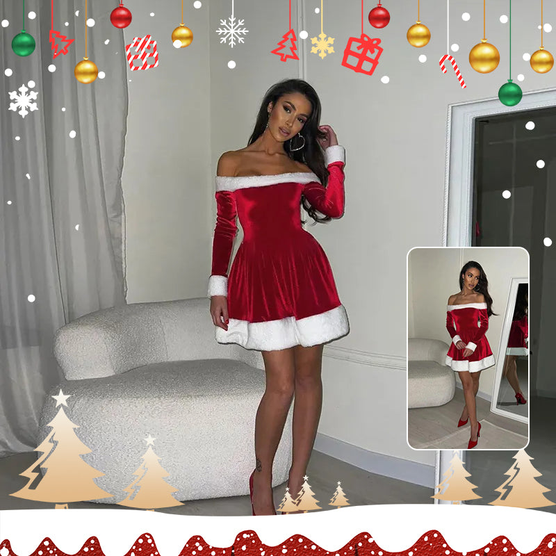 Women's Santa Christmas Dress with Plush Trim Off-Shoulder