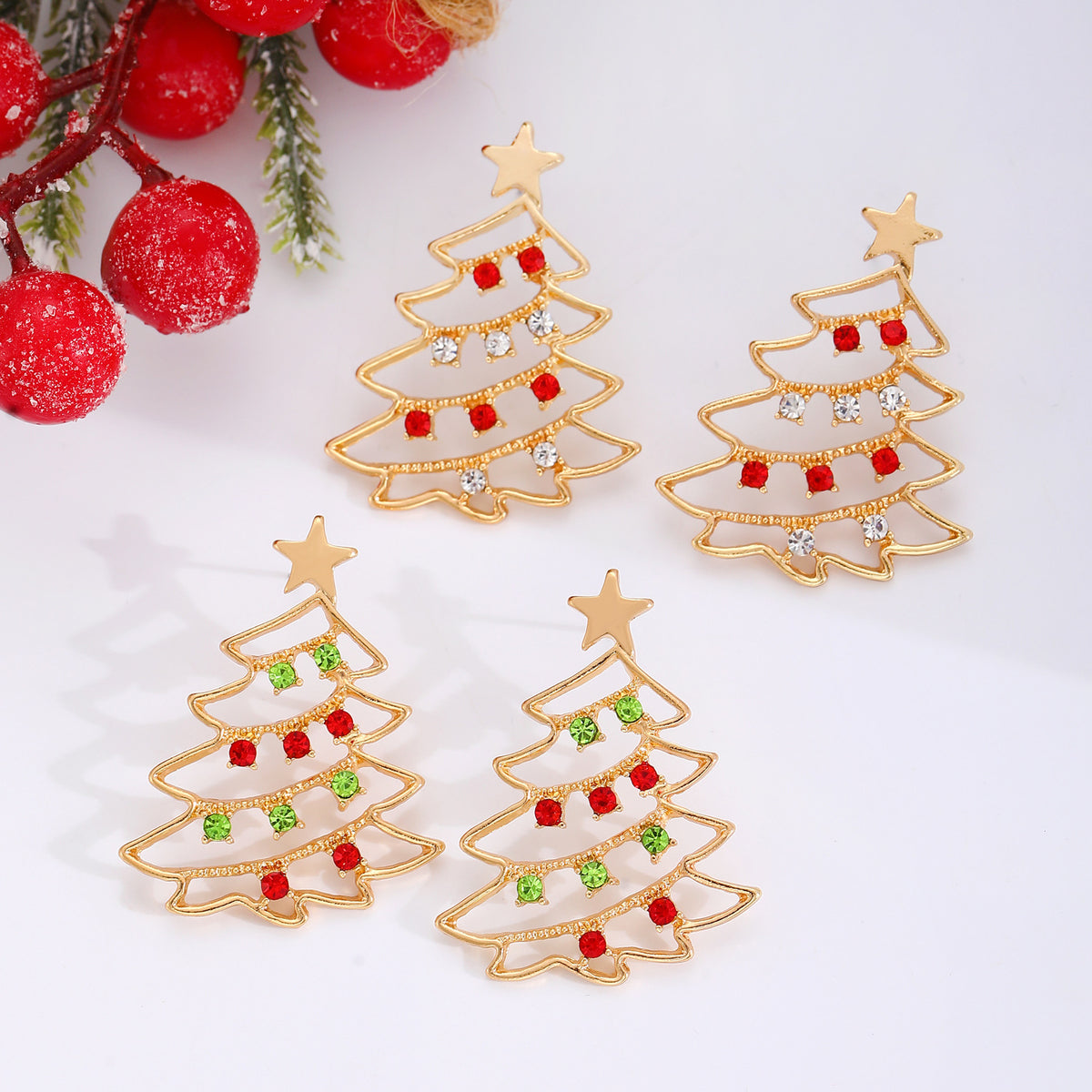 Colourful Zircon Christmas Tree Earrings in Gold Red and Green