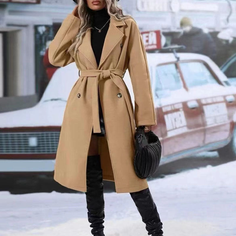 Women's Double-Breasted Trench Coat With Belt, Long Winter Jacket