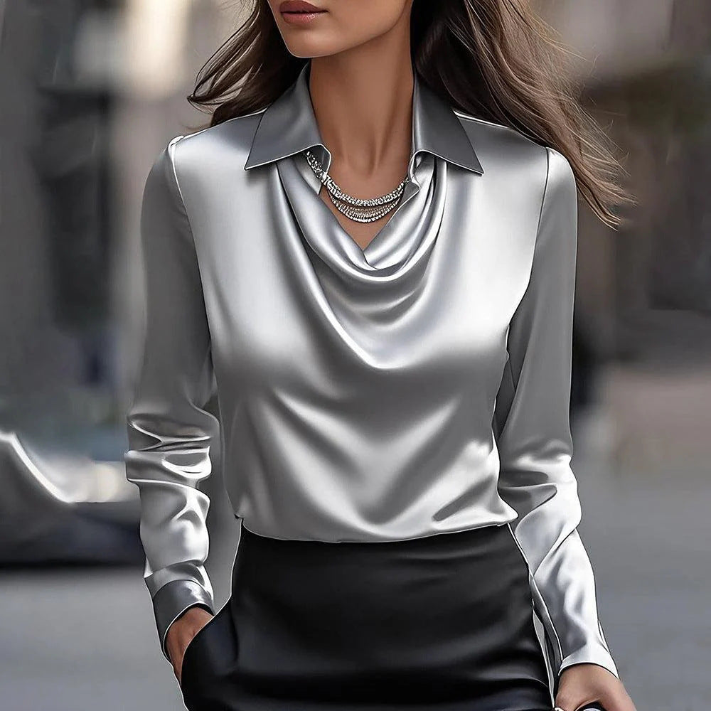Women's Draped Swing Collar Satin Blouse with Long Sleeves