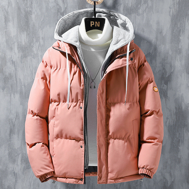 Men's Hooded Winter Jacket With Fake Two-Piece Design, Windproof