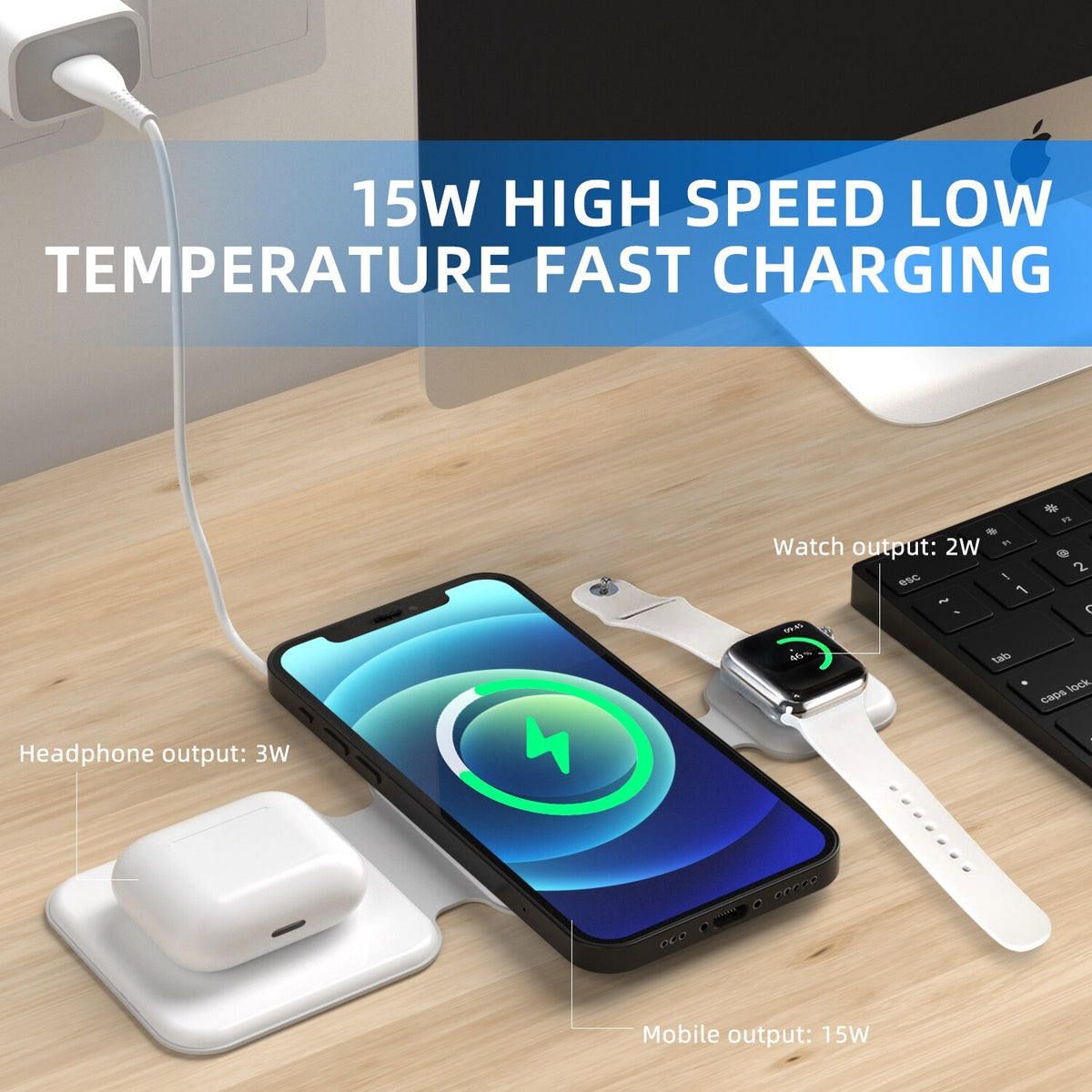 3 In 1 Foldable Magnetic Wireless Charger With 15W Output