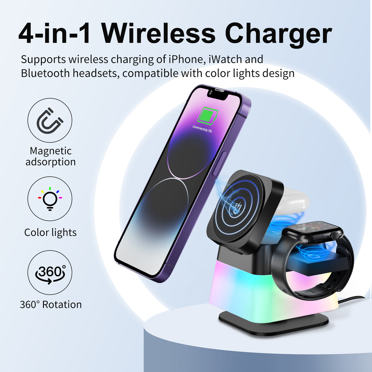 4 In 1 Magnetic Wireless Charger Stand With Rotating Colour Light