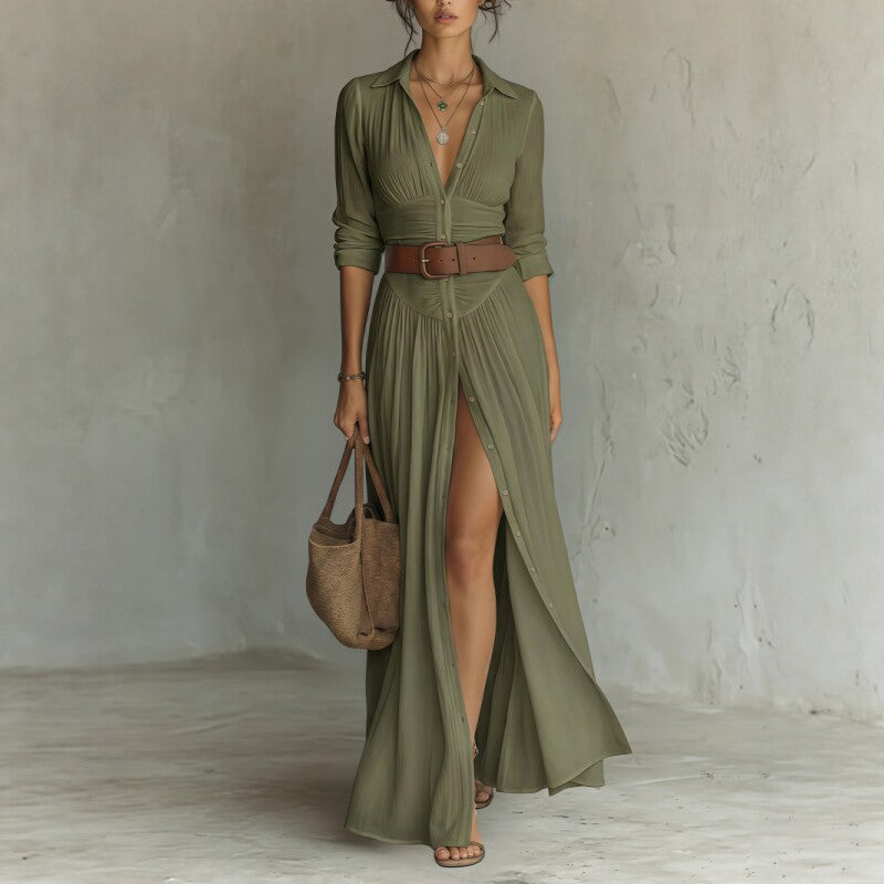 Women's V-Neck Long Dress with High Side Split, Loose Casual Maxi