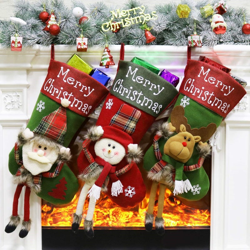 Big Plush Christmas Stockings Set with 3D Santa Snowman Elk