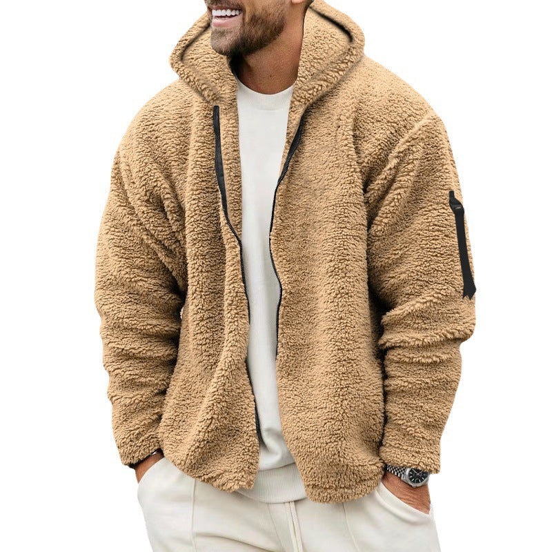 Men's Plush Hooded Fleece Jacket, Double-Sided Warm Zip Coat