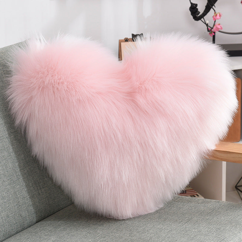 Heart Shape Plush Throw Pillow, Fluffy Shaggy Sofa Cushion