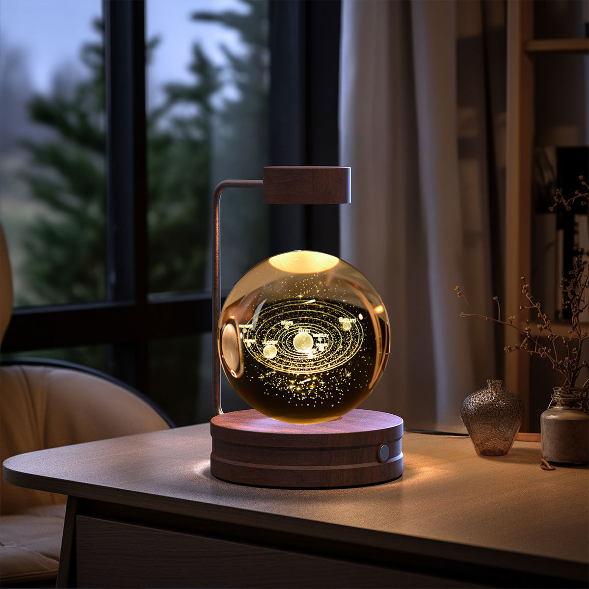 Crystal Ball Night Light With 3D Pattern On Wooden Base