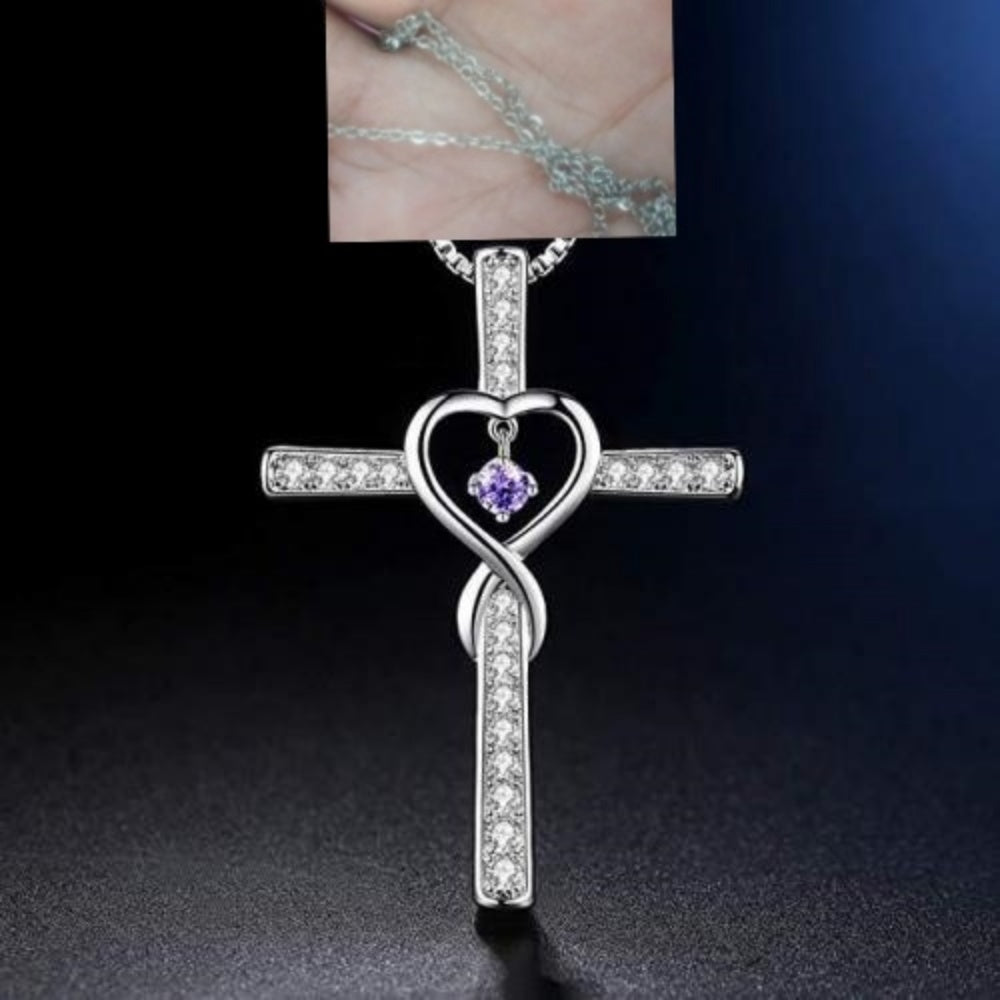 Birthstone Crystal Cross and Heart Pendant Necklace, Gold-Plated