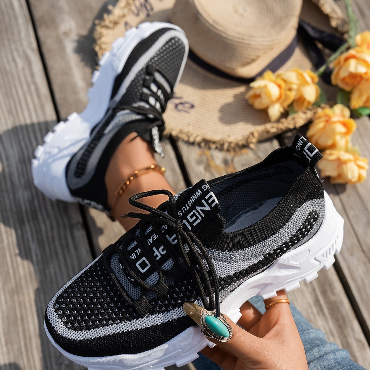 Women's Flyknit Mesh Lace-Up Sneakers, Breathable Walking and Running Shoes