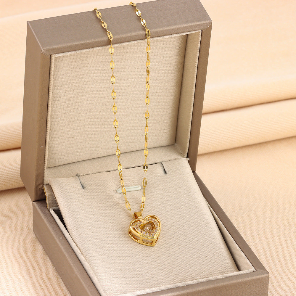 Double-Layer Love Heart Necklace With Rhinestones, Titanium Steel