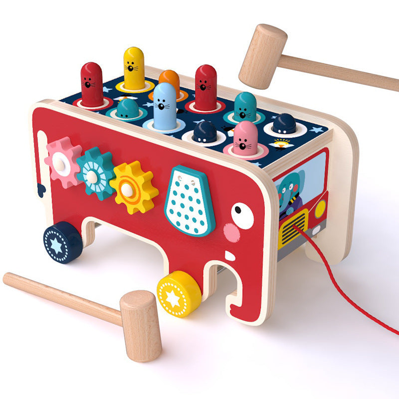 Montessori Wooden Pounding Bench with Animal Bus for Toddlers