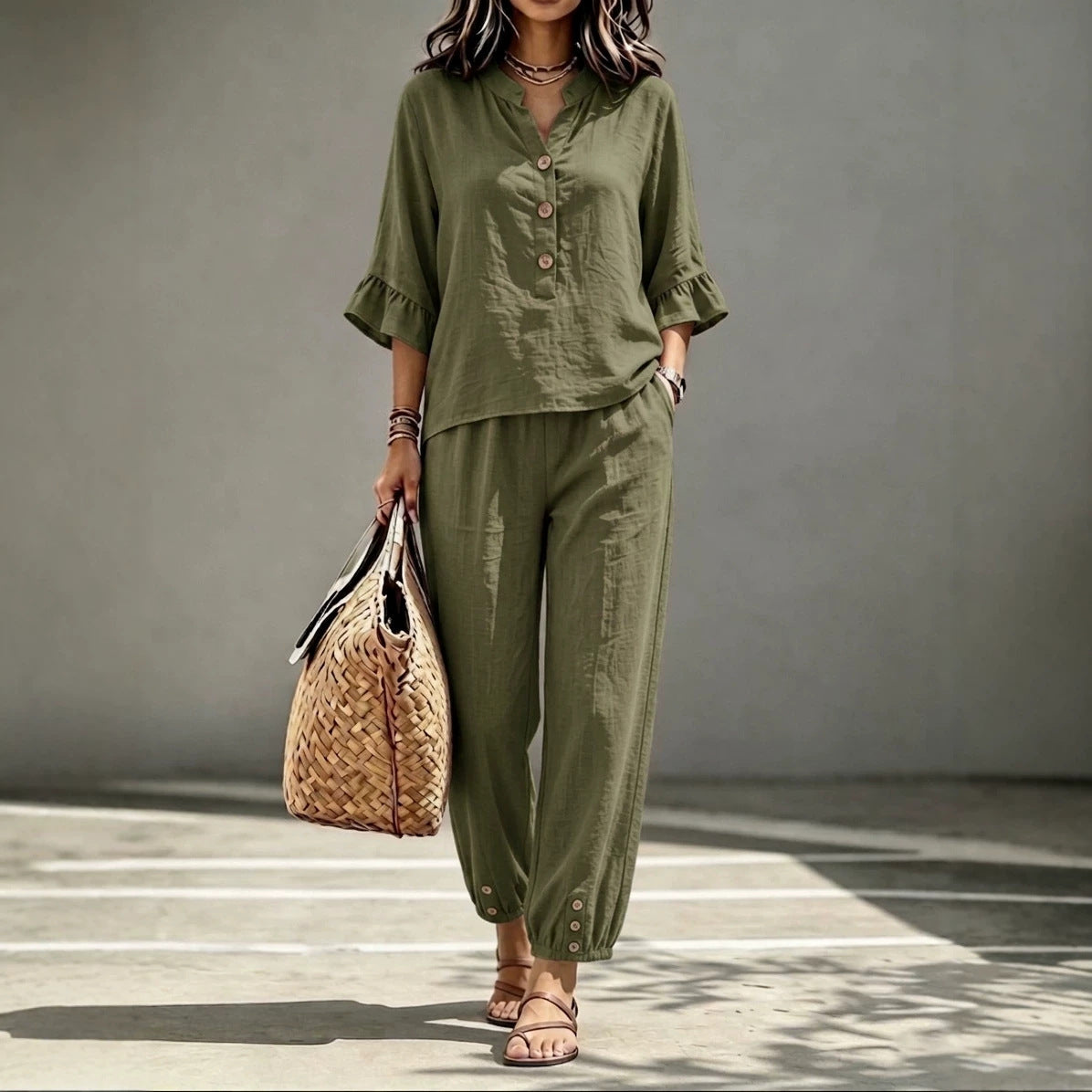 Women's 2-Piece V-Neck Top and Wide Leg Trousers Co-ord Set