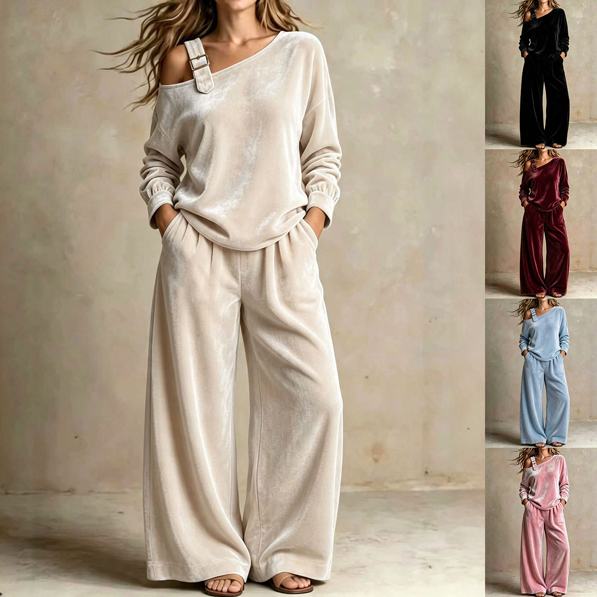 Women's Velvet Off-Shoulder Two-Piece Set, Soft Casual Outfit