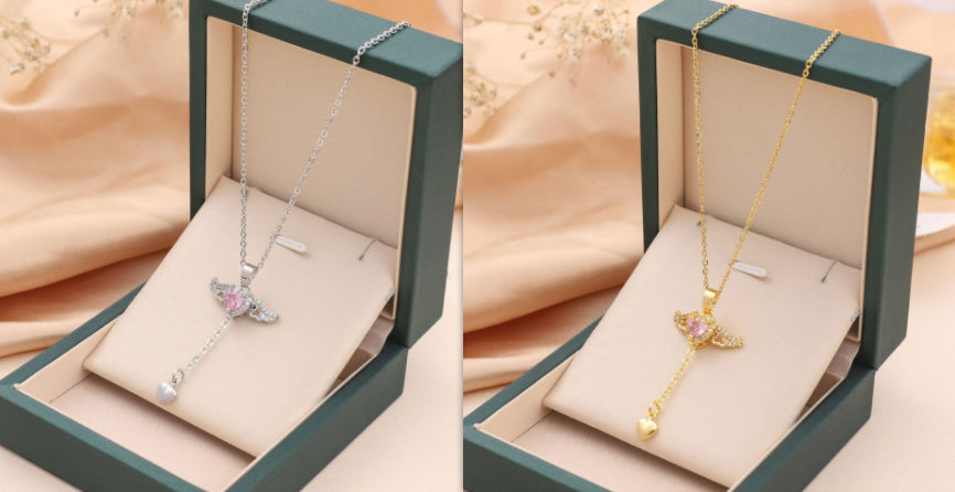 Cupid Heart Angel Wings Necklace With Crystal Clavicle Chain