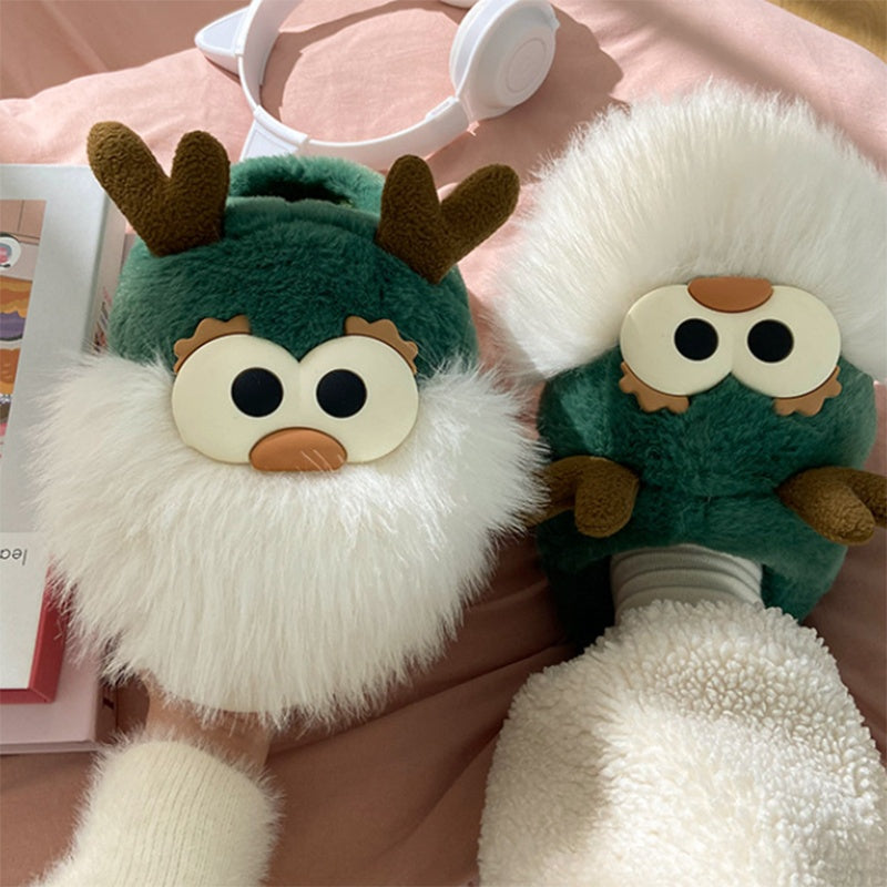 Cute Cartoon Christmas Deer Cotton Slippers Half-Wrap Style