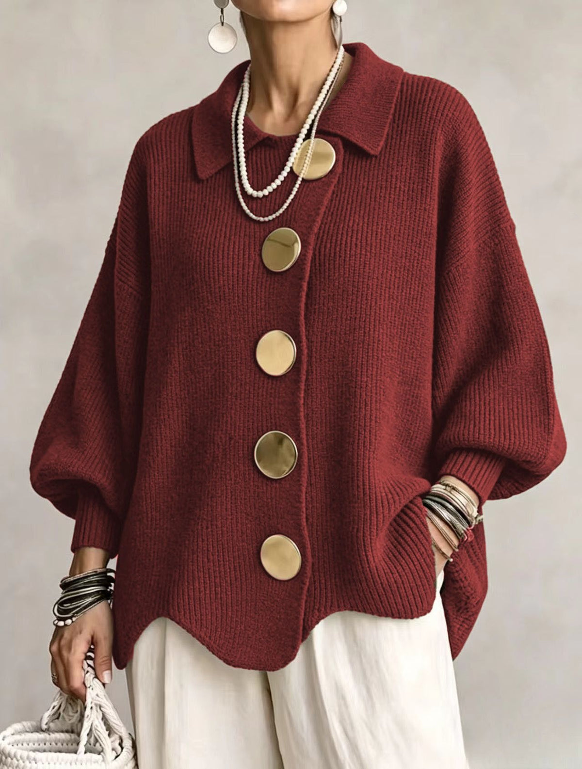 Women's Button-Down Knitted Cardigan, Loose Lapel Jacket