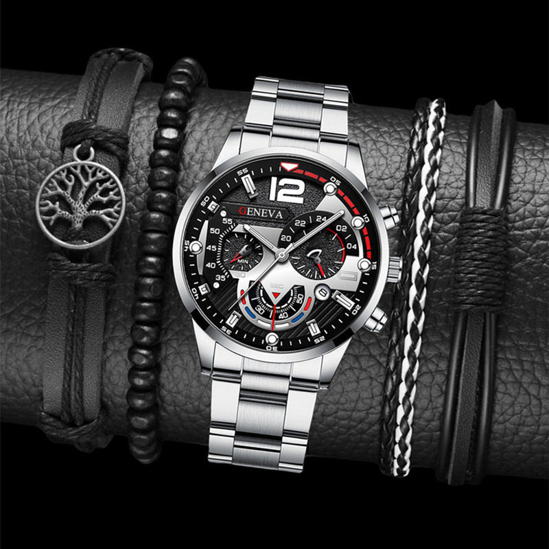 Men's Three-Eye Quartz Watch And Bracelet Set In Steel Strip