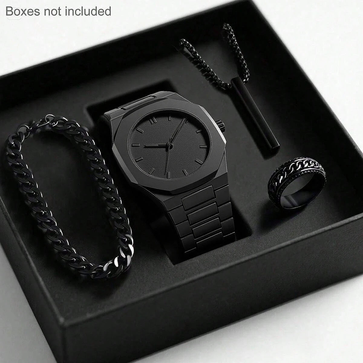 Men's Quartz Watch with Necklace, Bracelet and Ring Gift Set