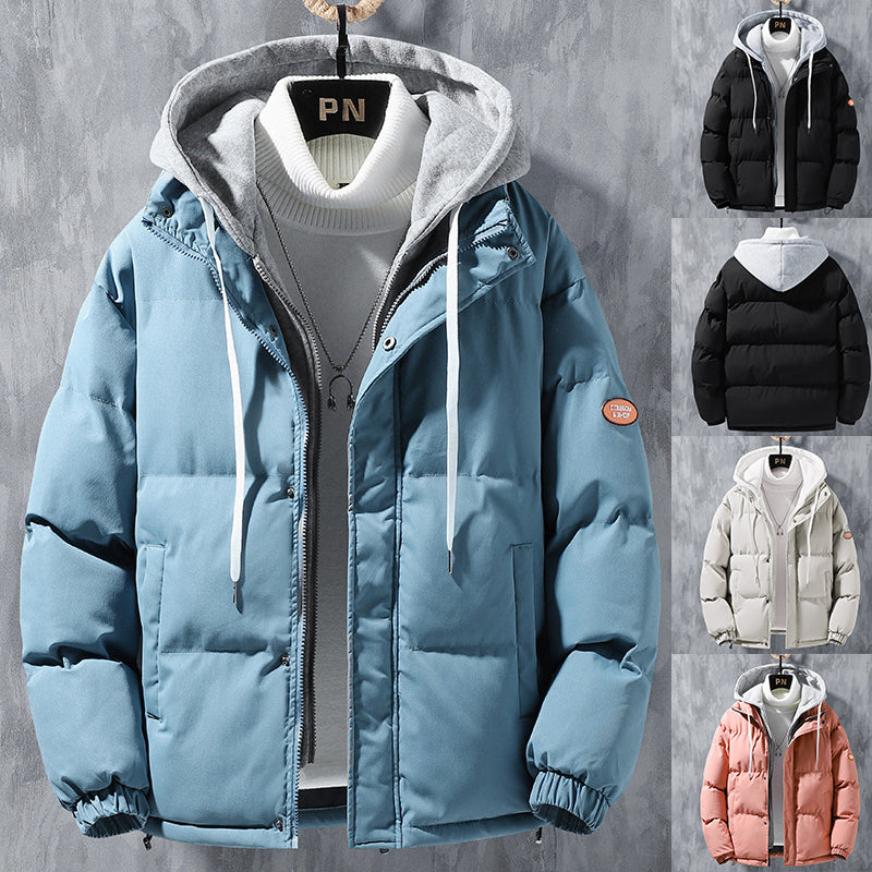 Men's Hooded Winter Jacket With Fake Two-Piece Design, Windproof