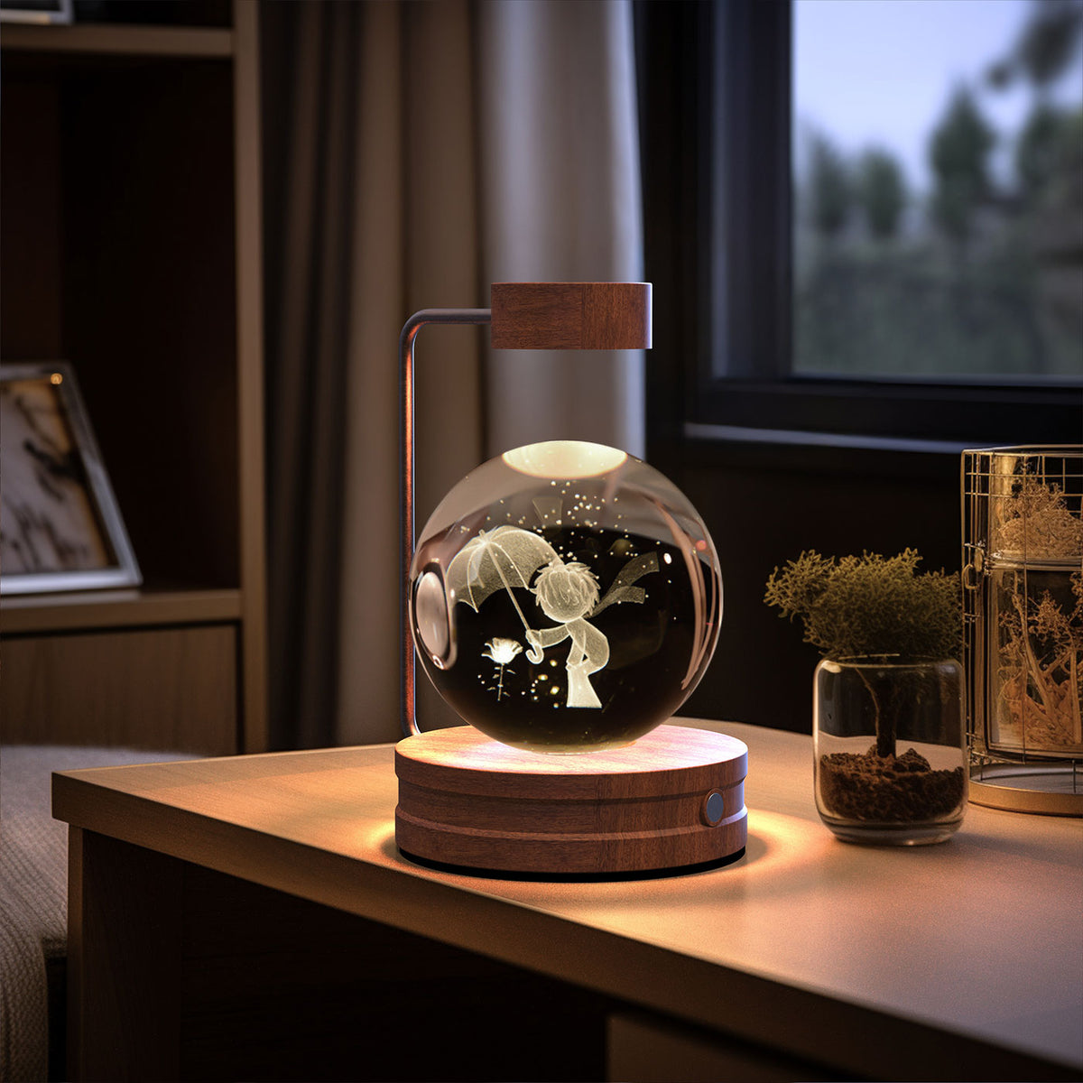 Crystal Ball Night Light With 3D Pattern On Wooden Base