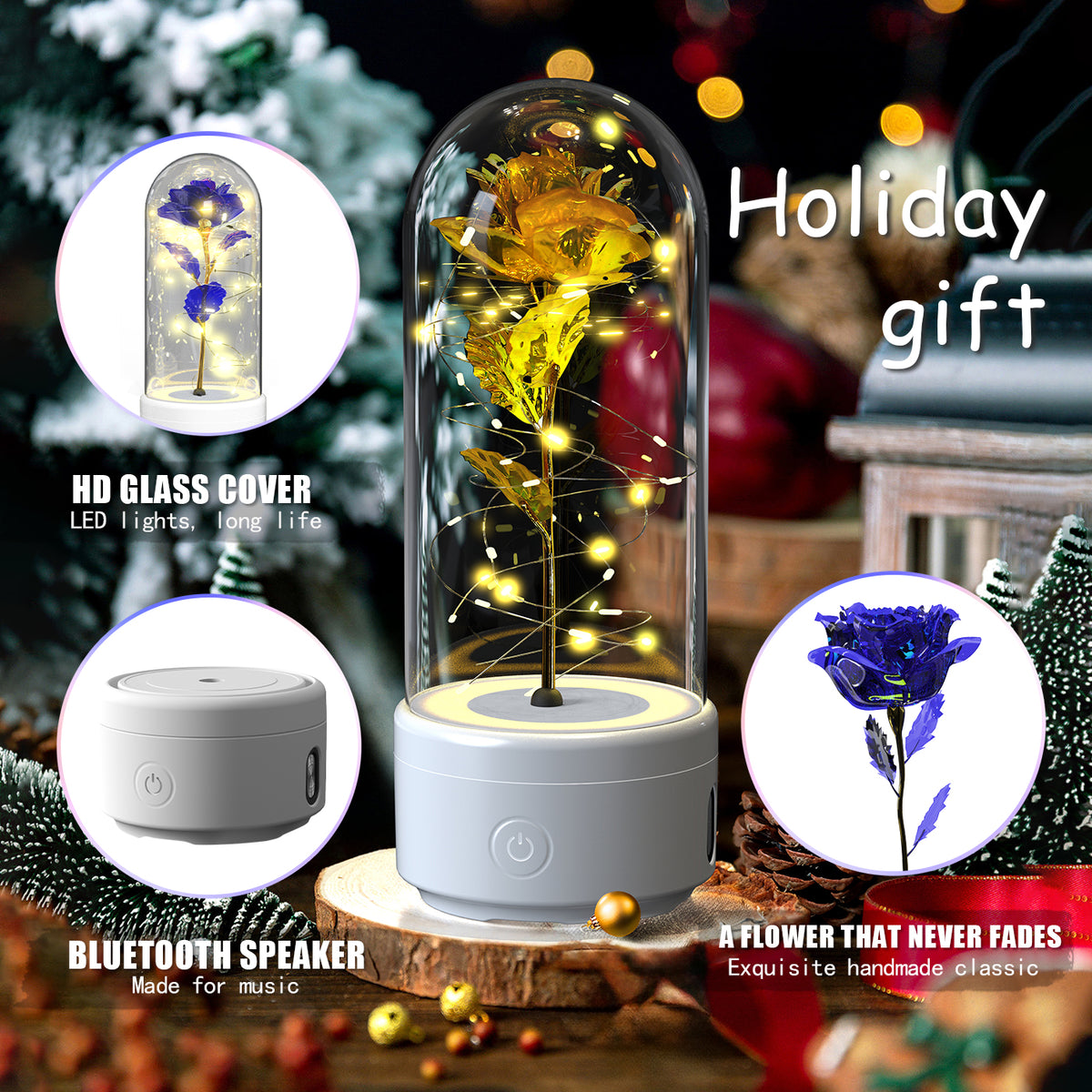 Rose Flower LED Night Light With Bluetooth Speaker In Glass Dome