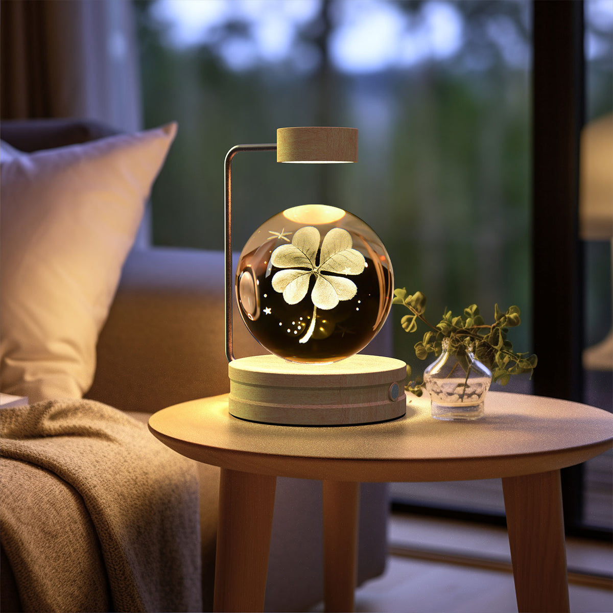 Crystal Ball Night Light With 3D Pattern On Wooden Base