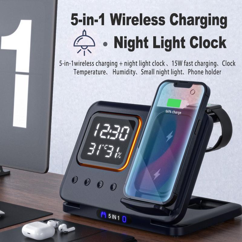 5 In 1 Wireless Charger Stand With LED Alarm Clock And Display