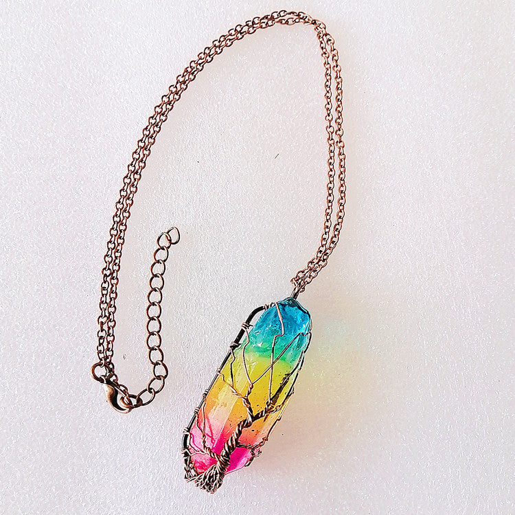 Natural Stone Crystal Pillar Tree Of Life Pendant Necklace