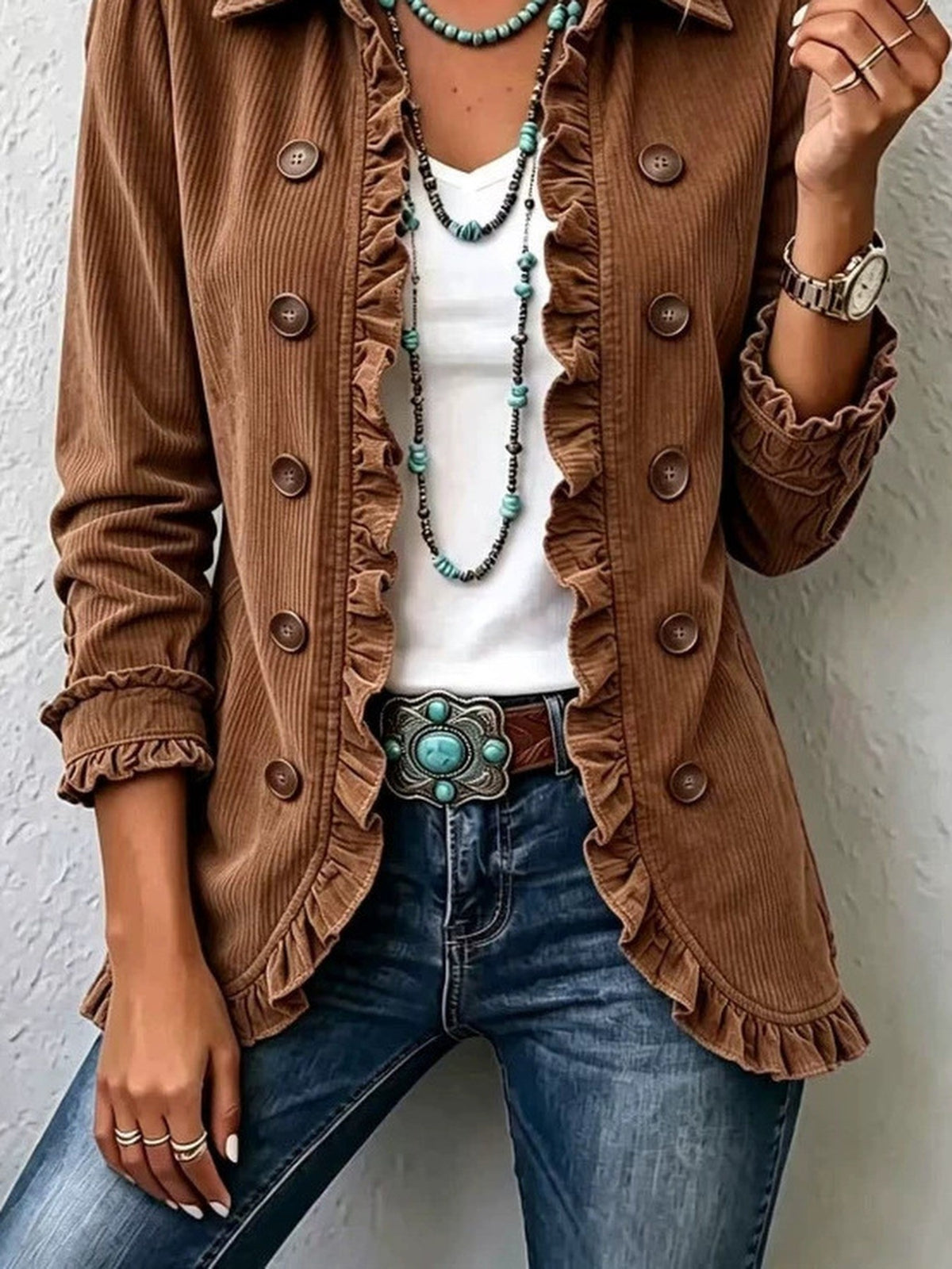 Women's Ruffled Long-Sleeve Knit Cardigan With Buttons