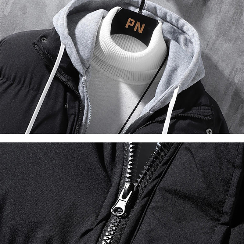 Men's Hooded Winter Jacket With Fake Two-Piece Design, Windproof