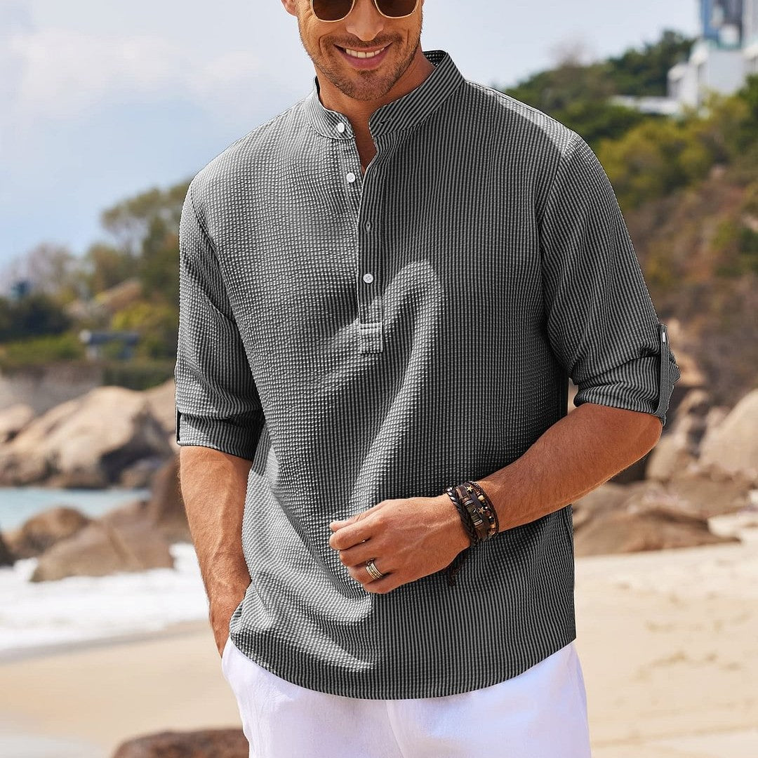 Men's Long Sleeve Stand Collar Shirt, Solid Colour Casual Top