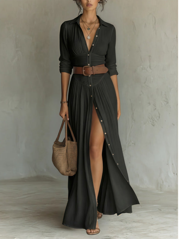 Women's V-Neck Long Dress with High Side Split, Loose Casual Maxi