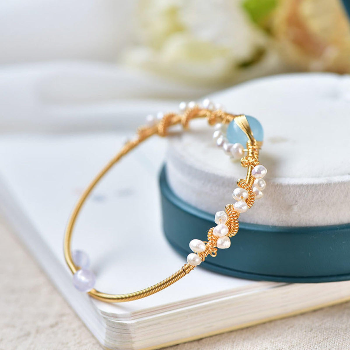 Gold Plated Pearl Bracelet for Women, Braided Wire Charm Bracelet