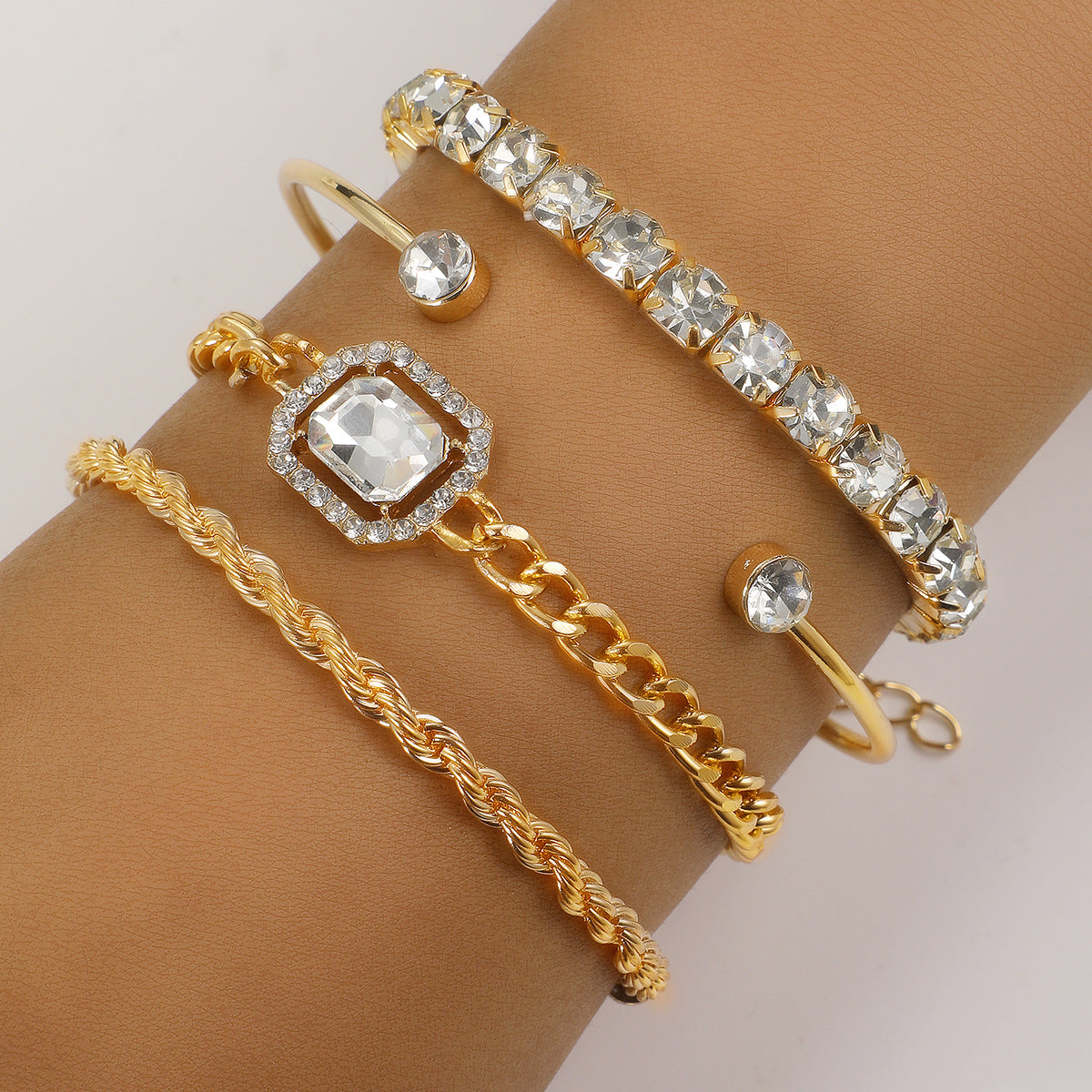 Bohemian Crystal Bracelet Set Of 4 For Women, Twisted Cuff Style