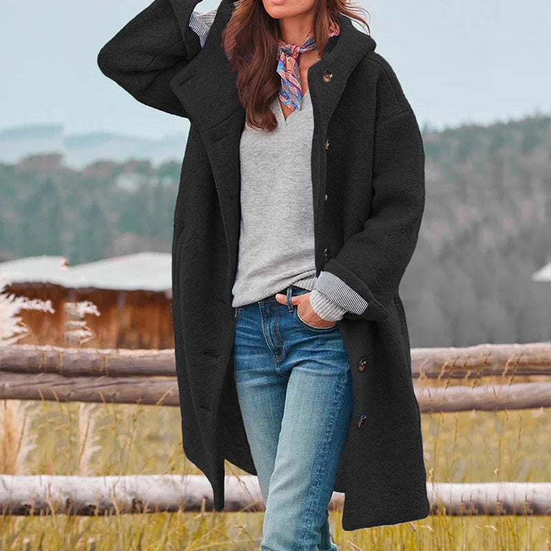 Women's Long Hooded Coat with Button Front for Winter