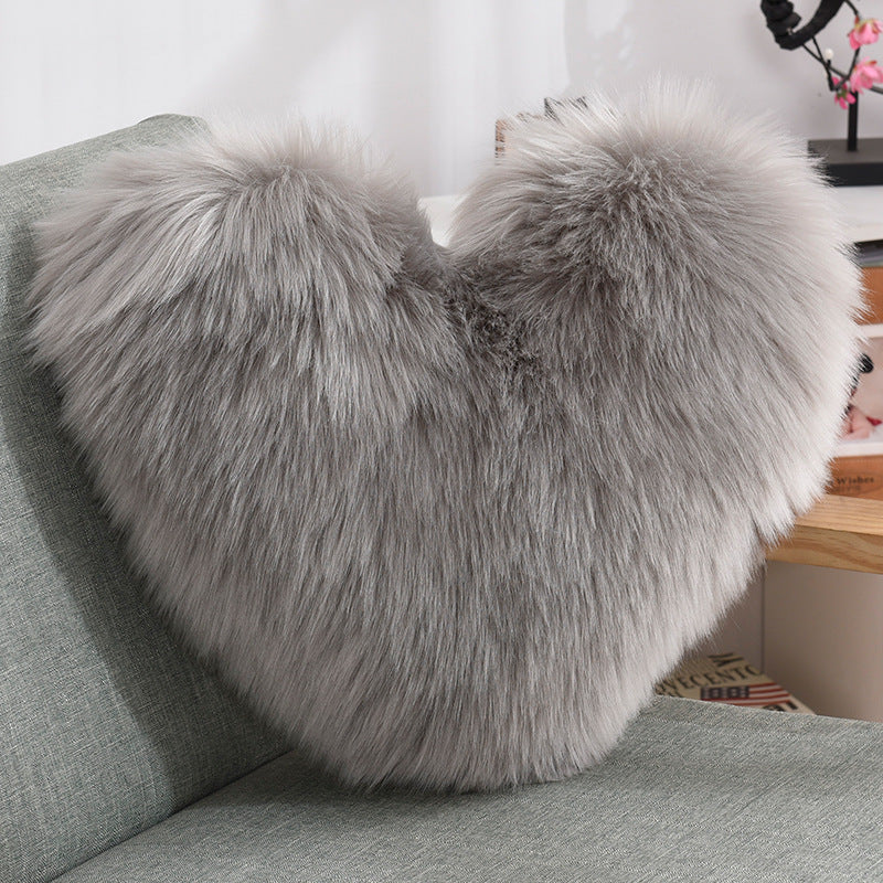 Heart Shape Plush Throw Pillow, Fluffy Shaggy Sofa Cushion