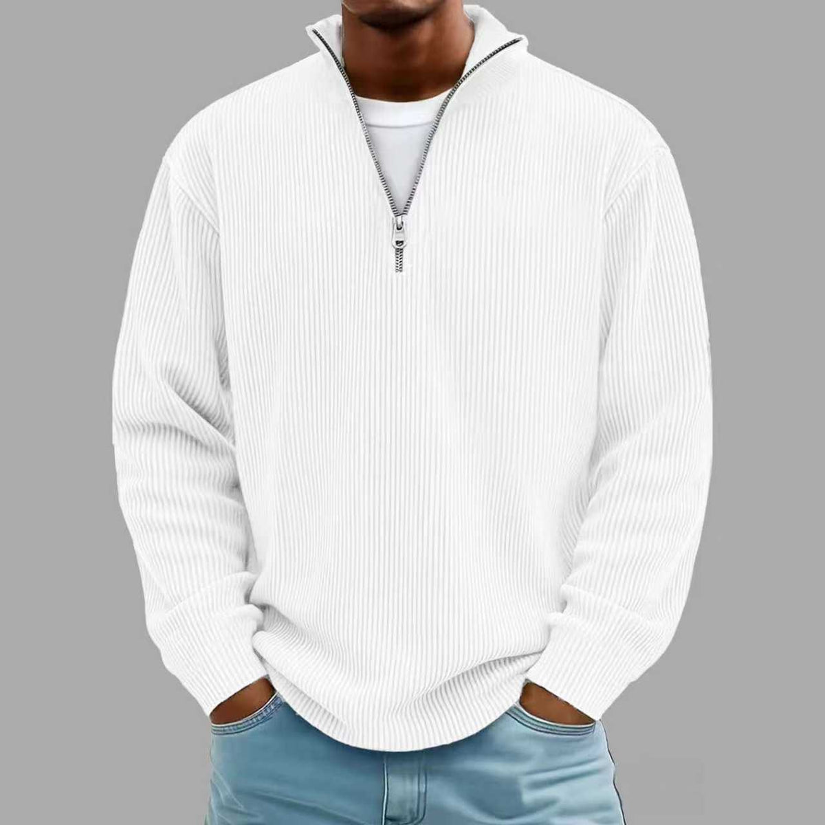 Corduroy Zip-Up Stand Collar Sweatshirt, Warm Solid Colour Top for Men