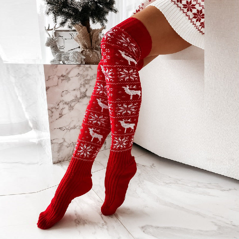 Warm Knitted Christmas Stockings for Women with Elk Snowflake Design