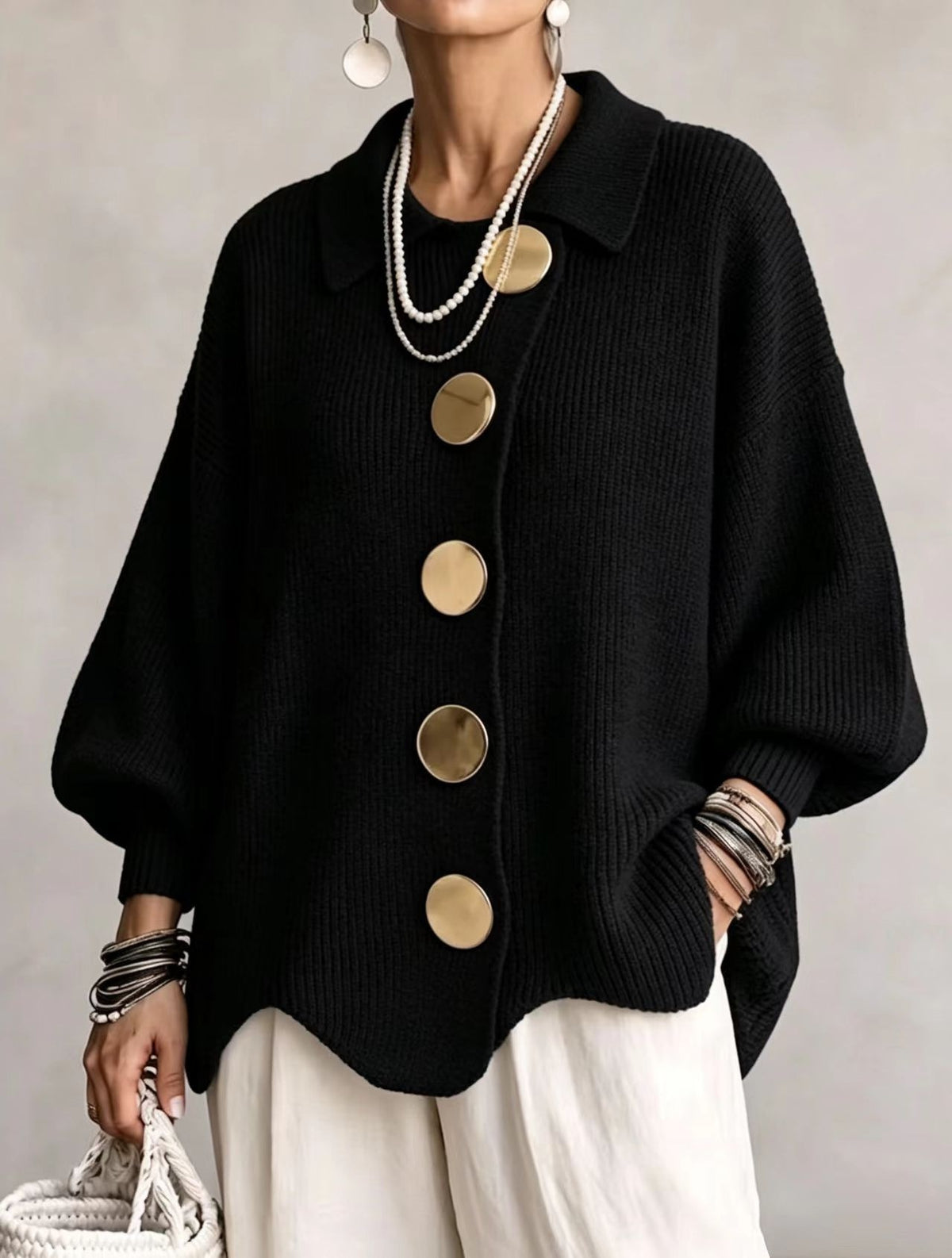 Women's Button-Down Knitted Cardigan, Loose Lapel Jacket