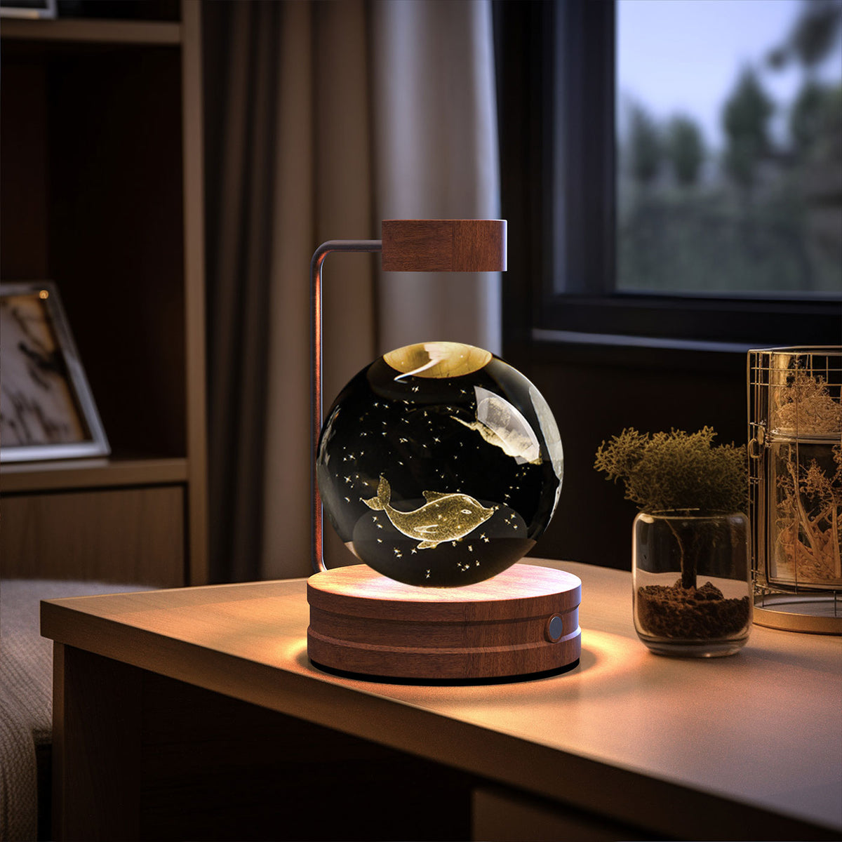 Crystal Ball Night Light With 3D Pattern On Wooden Base