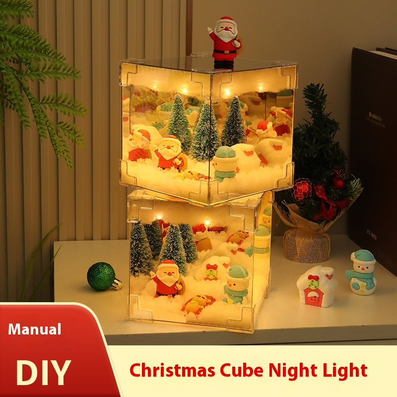 DIY Mirror LED Cube Lamp with 3D Santa Snowman Christmas Scene